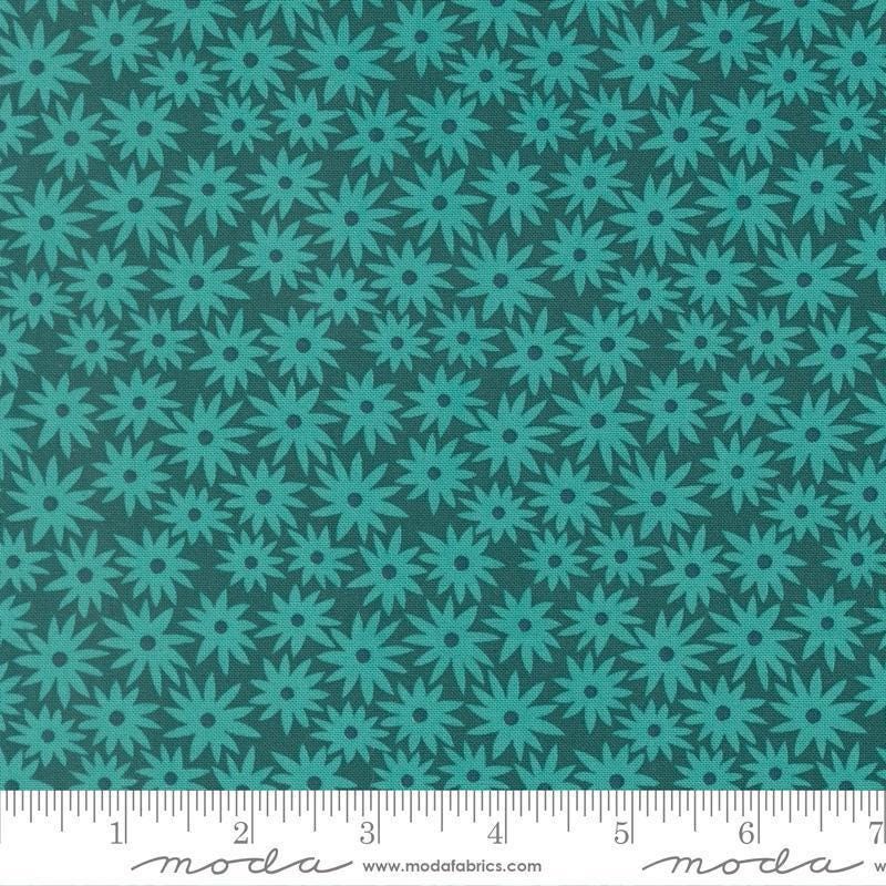 Image of Scenery Sedum Dark Teal quilting cotton fabric by Elizabeth Hartman for Moda Fabrics. Features flowers on a blue background. Cute Little Fabric Shop.