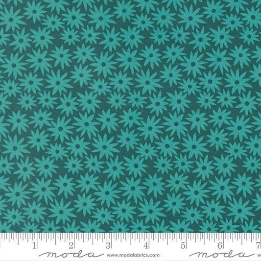 Image of Scenery Sedum Dark Teal quilting cotton fabric by Elizabeth Hartman for Moda Fabrics. Features flowers on a blue background. Cute Little Fabric Shop.
