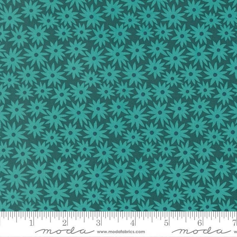 Image of Scenery Sedum Dark Teal quilting cotton fabric by Elizabeth Hartman for Moda Fabrics. Features flowers on a blue background. Cute Little Fabric Shop.
