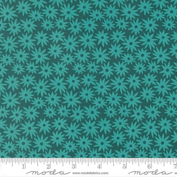 Image of Scenery Sedum Dark Teal quilting cotton fabric by Elizabeth Hartman for Moda Fabrics. Features flowers on a blue background. Cute Little Fabric Shop.