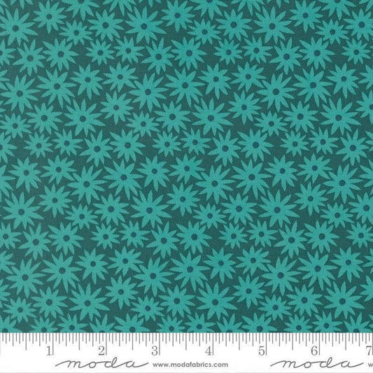 Image of Scenery Sedum Dark Teal quilting cotton fabric by Elizabeth Hartman for Moda Fabrics. Features flowers on a blue background. Cute Little Fabric Shop.