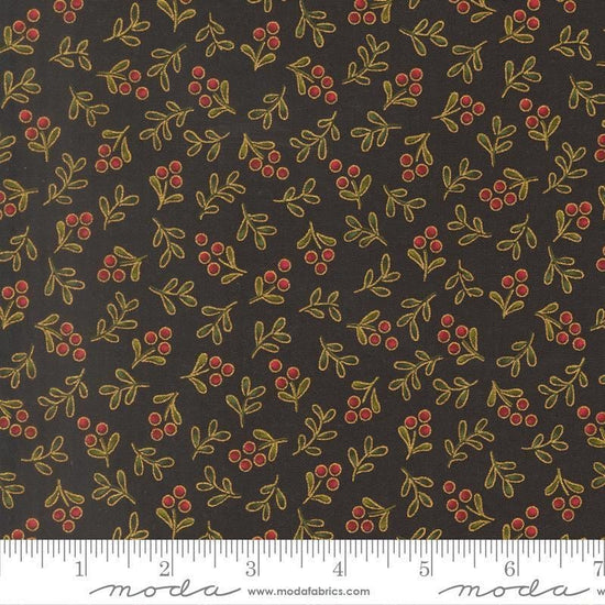 Image of Merry Manor 2025 Berry Ebony quilting cotton fabric by Moda for Moda Fabrics. Features berries on a black background. Cute Little Fabric Shop.