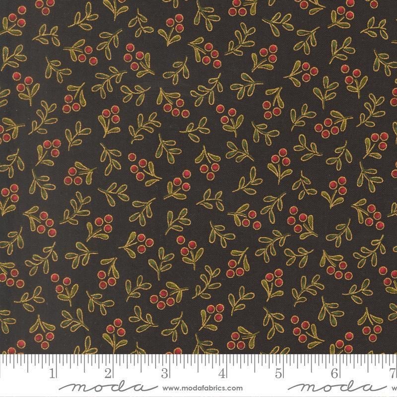 Image of Merry Manor 2025 Berry Ebony quilting cotton fabric by Moda for Moda Fabrics. Features berries on a black background. Cute Little Fabric Shop.