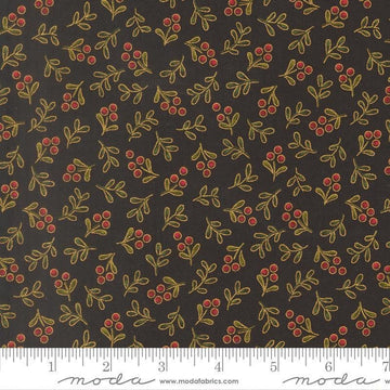 Image of Merry Manor 2025 Berry Ebony quilting cotton fabric by Moda for Moda Fabrics. Features berries on a black background. Cute Little Fabric Shop.