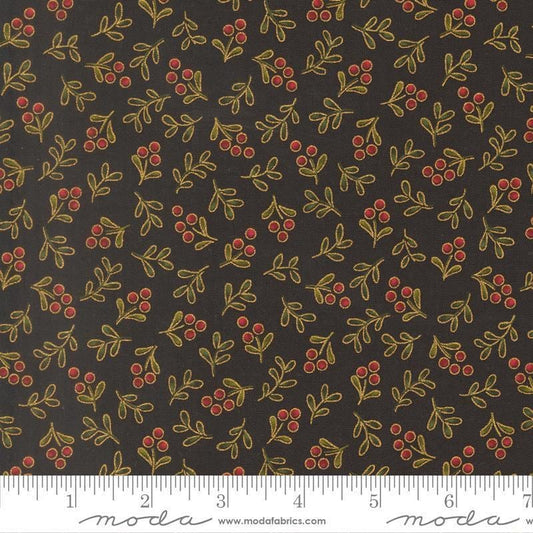 Image of Merry Manor 2025 Berry Ebony quilting cotton fabric by Moda for Moda Fabrics. Features berries on a black background. Cute Little Fabric Shop.