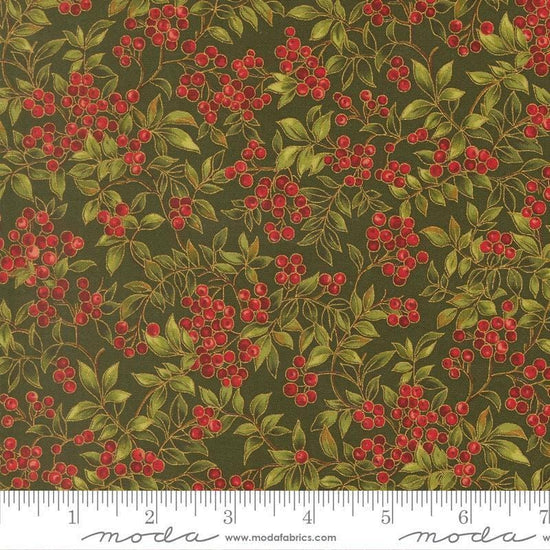 Image of Merry Manor 2025 Hollyberry Evergreen quilting cotton fabric by Moda for Moda Fabrics. Features berries on a green background. Cute Little Fabric Shop.