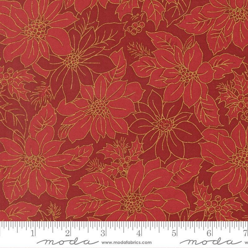 Image of Merry Manor 2025 Poinsettia Blooms Crimson quilting cotton fabric by Moda for Moda Fabrics. Features flowers on a red background. Cute Little Fabric Shop.