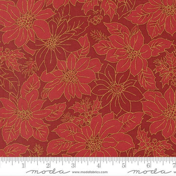 Image of Merry Manor 2025 Poinsettia Blooms Crimson quilting cotton fabric by Moda for Moda Fabrics. Features flowers on a red background. Cute Little Fabric Shop.