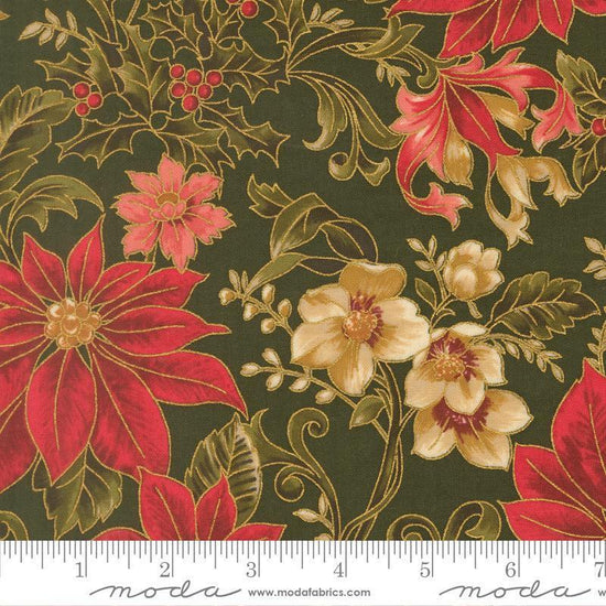 Image of Merry Manor 2025 Poinsettia Evergreen quilting cotton fabric by Moda for Moda Fabrics. Features flowers on a green background. Cute Little Fabric Shop.