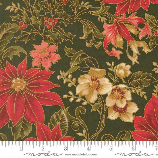Image of Merry Manor 2025 Poinsettia Evergreen quilting cotton fabric by Moda for Moda Fabrics. Features flowers on a green background. Cute Little Fabric Shop.