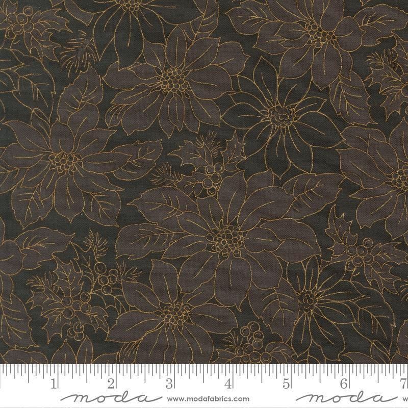 Image of Merry Manor 2025 Poinsettias Ebony quilting cotton fabric by Moda for Moda Fabrics. Features flowers on a black background. Cute Little Fabric Shop.