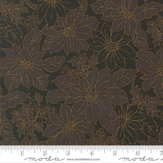 Image of Merry Manor 2025 Poinsettias Ebony quilting cotton fabric by Moda for Moda Fabrics. Features flowers on a black background. Cute Little Fabric Shop.