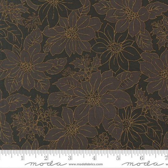 Image of Merry Manor 2025 Poinsettias Ebony quilting cotton fabric by Moda for Moda Fabrics. Features flowers on a black background. Cute Little Fabric Shop.