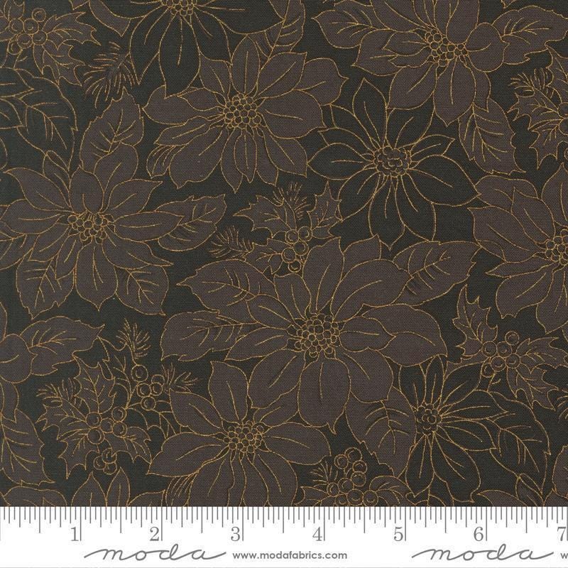 Image of Merry Manor 2025 Poinsettias Ebony quilting cotton fabric by Moda for Moda Fabrics. Features flowers on a black background. Cute Little Fabric Shop.