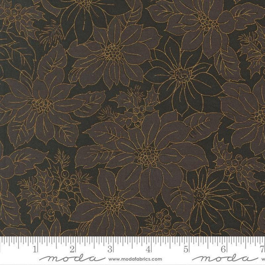 Image of Merry Manor 2025 Poinsettias Ebony quilting cotton fabric by Moda for Moda Fabrics. Features flowers on a black background. Cute Little Fabric Shop.