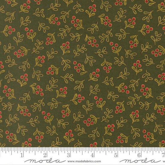 Image of Merry Manor 2025 Berry Evergreen quilting cotton fabric by Moda for Moda Fabrics. Features berries on a green background. Cute Little Fabric Shop.