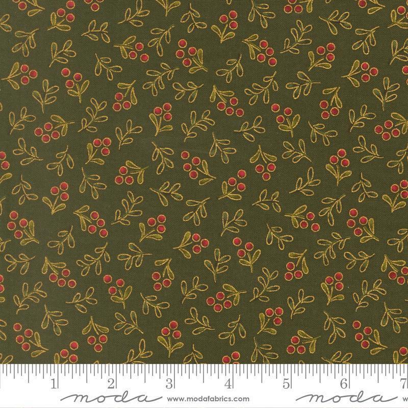 Image of Merry Manor 2025 Berry Evergreen quilting cotton fabric by Moda for Moda Fabrics. Features berries on a green background. Cute Little Fabric Shop.