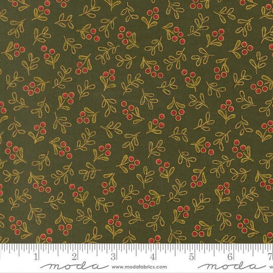 Image of Merry Manor 2025 Berry Evergreen quilting cotton fabric by Moda for Moda Fabrics. Features berries on a green background. Cute Little Fabric Shop.