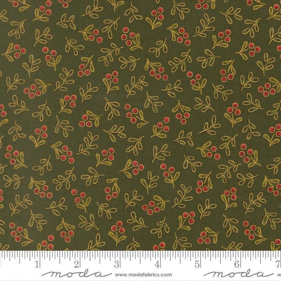 Image of Merry Manor 2025 Berry Evergreen quilting cotton fabric by Moda for Moda Fabrics. Features berries on a green background. Cute Little Fabric Shop.