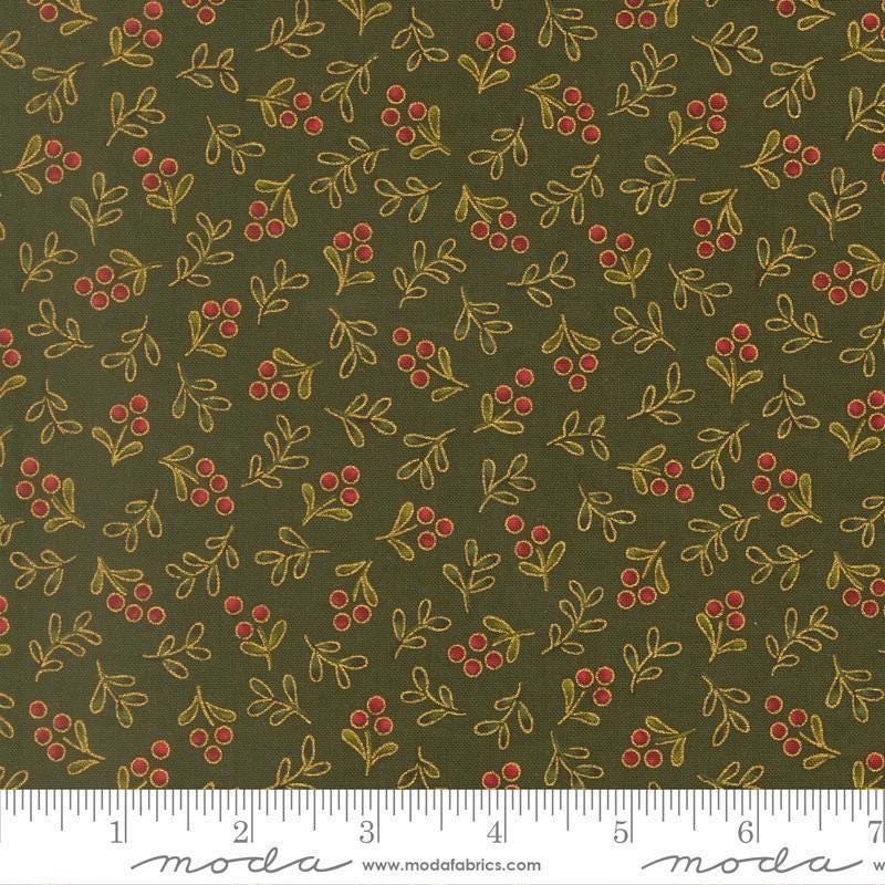 Image of Merry Manor 2025 Berry Evergreen quilting cotton fabric by Moda for Moda Fabrics. Features berries on a green background. Cute Little Fabric Shop.