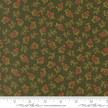 Image of Merry Manor 2025 Berry Evergreen quilting cotton fabric by Moda for Moda Fabrics. Features berries on a green background. Cute Little Fabric Shop.