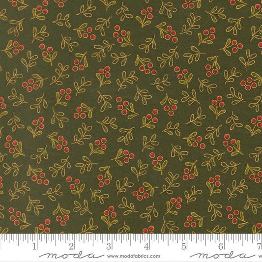 Image of Merry Manor 2025 Berry Evergreen quilting cotton fabric by Moda for Moda Fabrics. Features berries on a green background. Cute Little Fabric Shop.