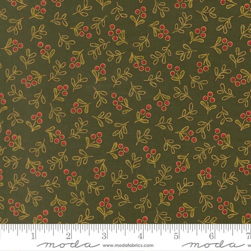 Image of Merry Manor 2025 Berry Evergreen quilting cotton fabric by Moda for Moda Fabrics. Features berries on a green background. Cute Little Fabric Shop.