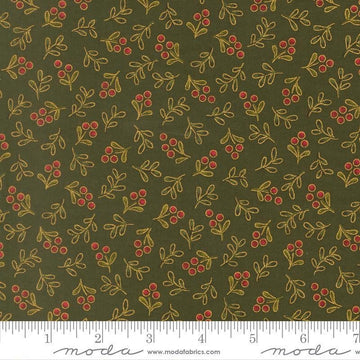 Image of Merry Manor 2025 Berry Evergreen quilting cotton fabric by Moda for Moda Fabrics. Features berries on a green background. Cute Little Fabric Shop.