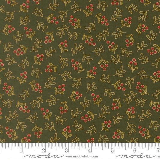 Image of Merry Manor 2025 Berry Evergreen quilting cotton fabric by Moda for Moda Fabrics. Features berries on a green background. Cute Little Fabric Shop.