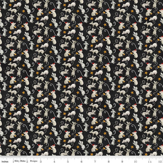 Image of Northern Christmas Mice Black quilting cotton fabric by Teresa Kogut for Riley Blake Designs. Features mice on a black background. Cute Little Fabric Shop.