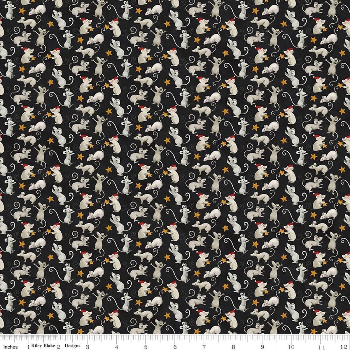 Image of Northern Christmas Mice Black quilting cotton fabric by Teresa Kogut for Riley Blake Designs. Features mice on a black background. Cute Little Fabric Shop.