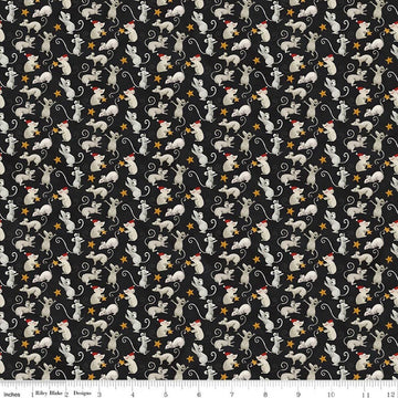 Image of Northern Christmas Mice Black quilting cotton fabric by Teresa Kogut for Riley Blake Designs. Features mice on a black background. Cute Little Fabric Shop.