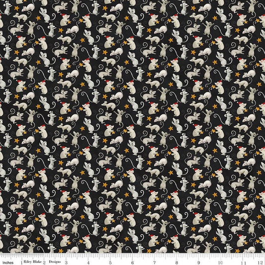 Image of Northern Christmas Mice Black quilting cotton fabric by Teresa Kogut for Riley Blake Designs. Features mice on a black background. Cute Little Fabric Shop.