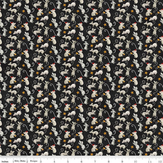 Image of Northern Christmas Mice Black quilting cotton fabric by Teresa Kogut for Riley Blake Designs. Features mice on a black background. Cute Little Fabric Shop.