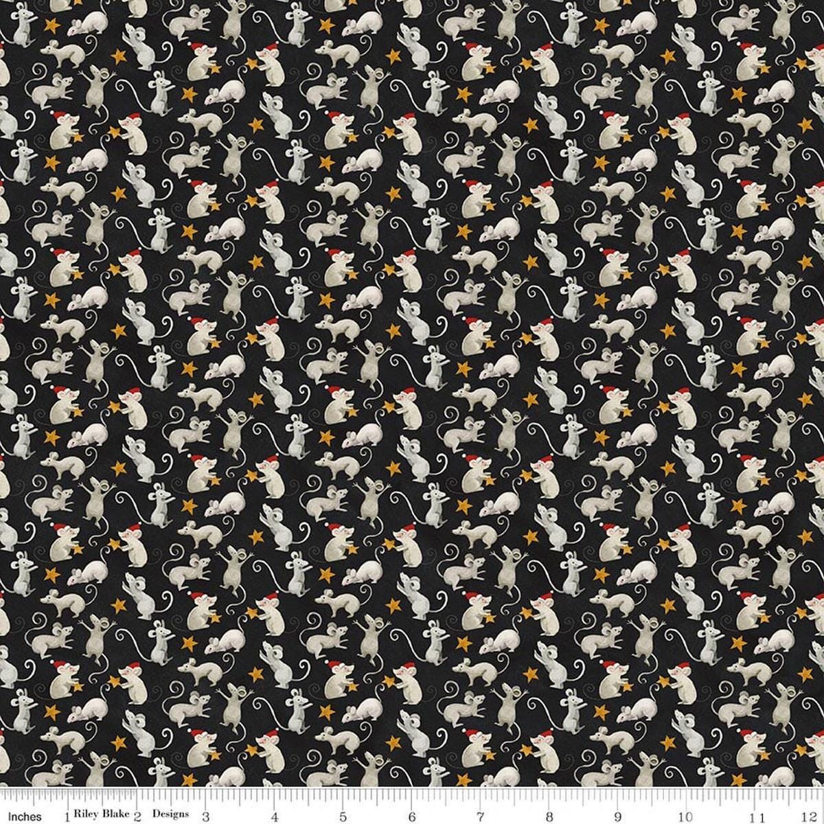 Image of Northern Christmas Mice Black quilting cotton fabric by Teresa Kogut for Riley Blake Designs. Features mice on a black background. Cute Little Fabric Shop.