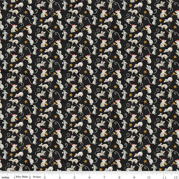 Image of Northern Christmas Mice Black quilting cotton fabric by Teresa Kogut for Riley Blake Designs. Features mice on a black background. Cute Little Fabric Shop.