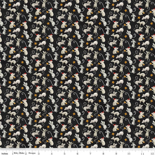 Image of Northern Christmas Mice Black quilting cotton fabric by Teresa Kogut for Riley Blake Designs. Features mice on a black background. Cute Little Fabric Shop.