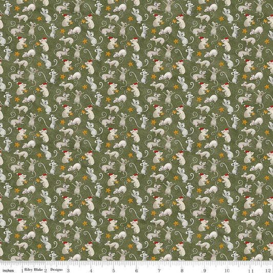 Image of Northern Christmas Mice Green quilting cotton fabric by Teresa Kogut for Riley Blake Designs. Features mice on a green background. Cute Little Fabric Shop.