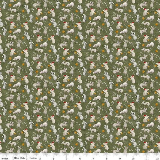 Image of Northern Christmas Mice Green quilting cotton fabric by Teresa Kogut for Riley Blake Designs. Features mice on a green background. Cute Little Fabric Shop.