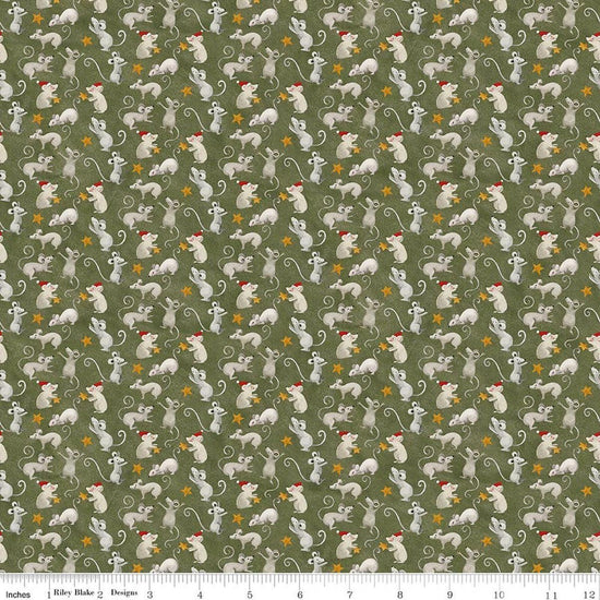 Image of Northern Christmas Mice Green quilting cotton fabric by Teresa Kogut for Riley Blake Designs. Features mice on a green background. Cute Little Fabric Shop.