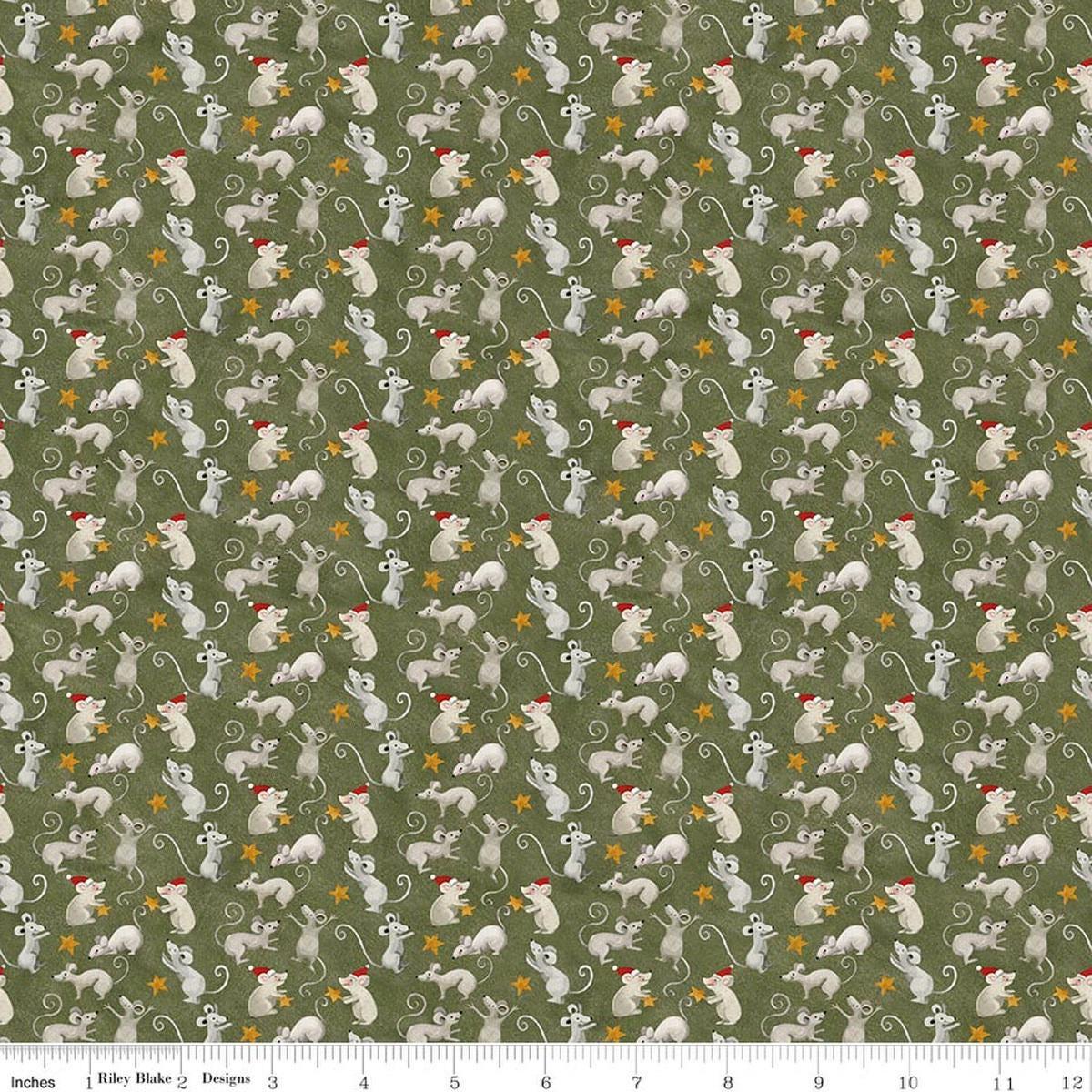Image of Northern Christmas Mice Green quilting cotton fabric by Teresa Kogut for Riley Blake Designs. Features mice on a green background. Cute Little Fabric Shop.