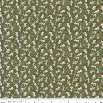 Image of Northern Christmas Mice Green quilting cotton fabric by Teresa Kogut for Riley Blake Designs. Features mice on a green background. Cute Little Fabric Shop.