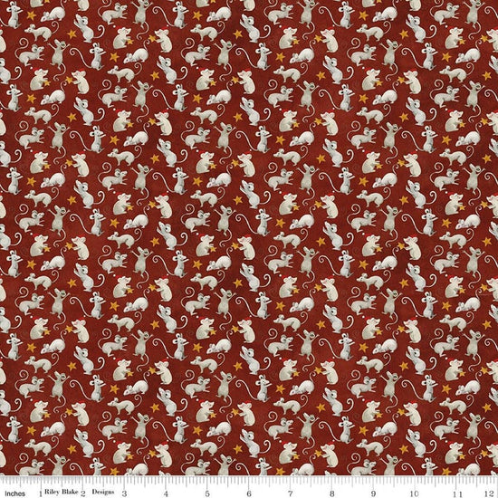 Image of Northern Christmas Mice Red quilting cotton fabric by Teresa Kogut for Riley Blake Designs. Features mice on a red background. Cute Little Fabric Shop.