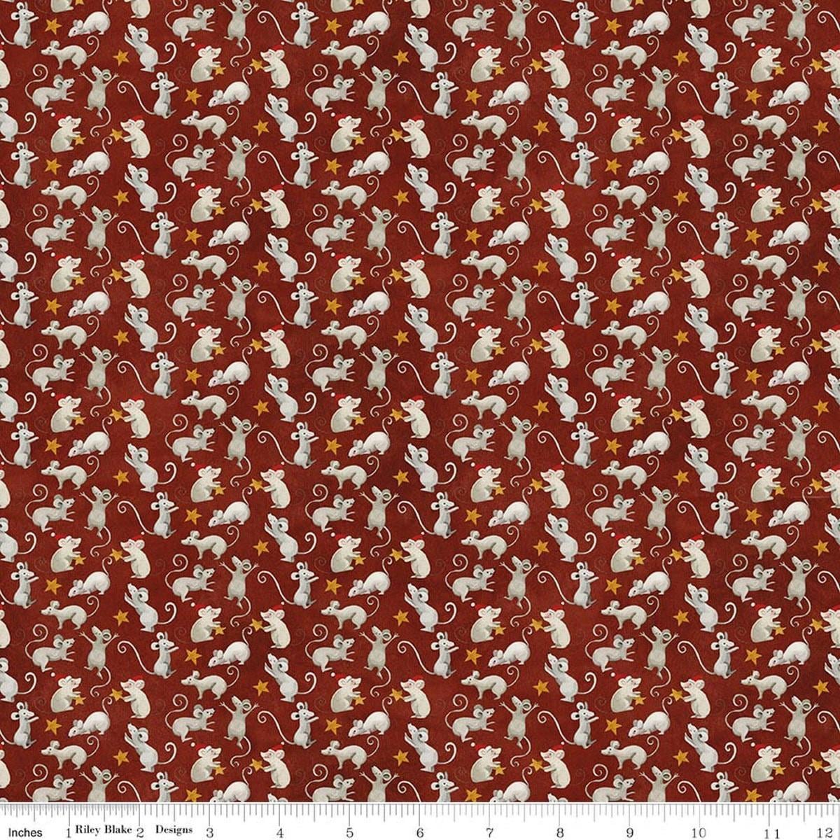 Image of Northern Christmas Mice Red quilting cotton fabric by Teresa Kogut for Riley Blake Designs. Features mice on a red background. Cute Little Fabric Shop.