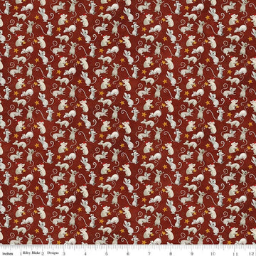 Image of Northern Christmas Mice Red quilting cotton fabric by Teresa Kogut for Riley Blake Designs. Features mice on a red background. Cute Little Fabric Shop.