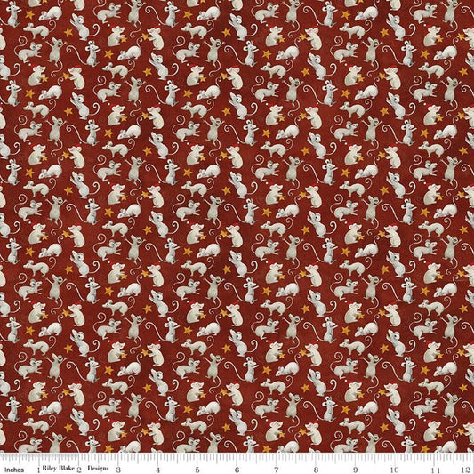 Image of Northern Christmas Mice Red quilting cotton fabric by Teresa Kogut for Riley Blake Designs. Features mice on a red background. Cute Little Fabric Shop.