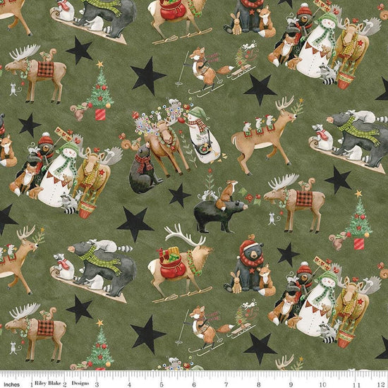 Image of Northern Christmas Main Green quilting cotton fabric by Teresa Kogut for Riley Blake Designs. Features christmas animals on a green background. Cute Little Fabric Shop.
