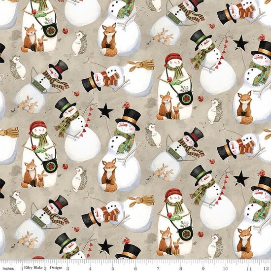 Image of Northern Christmas Snowmen Neutral quilting cotton fabric by Teresa Kogut for Riley Blake Designs. Features snowmen on a gray background. Cute Little Fabric Shop.