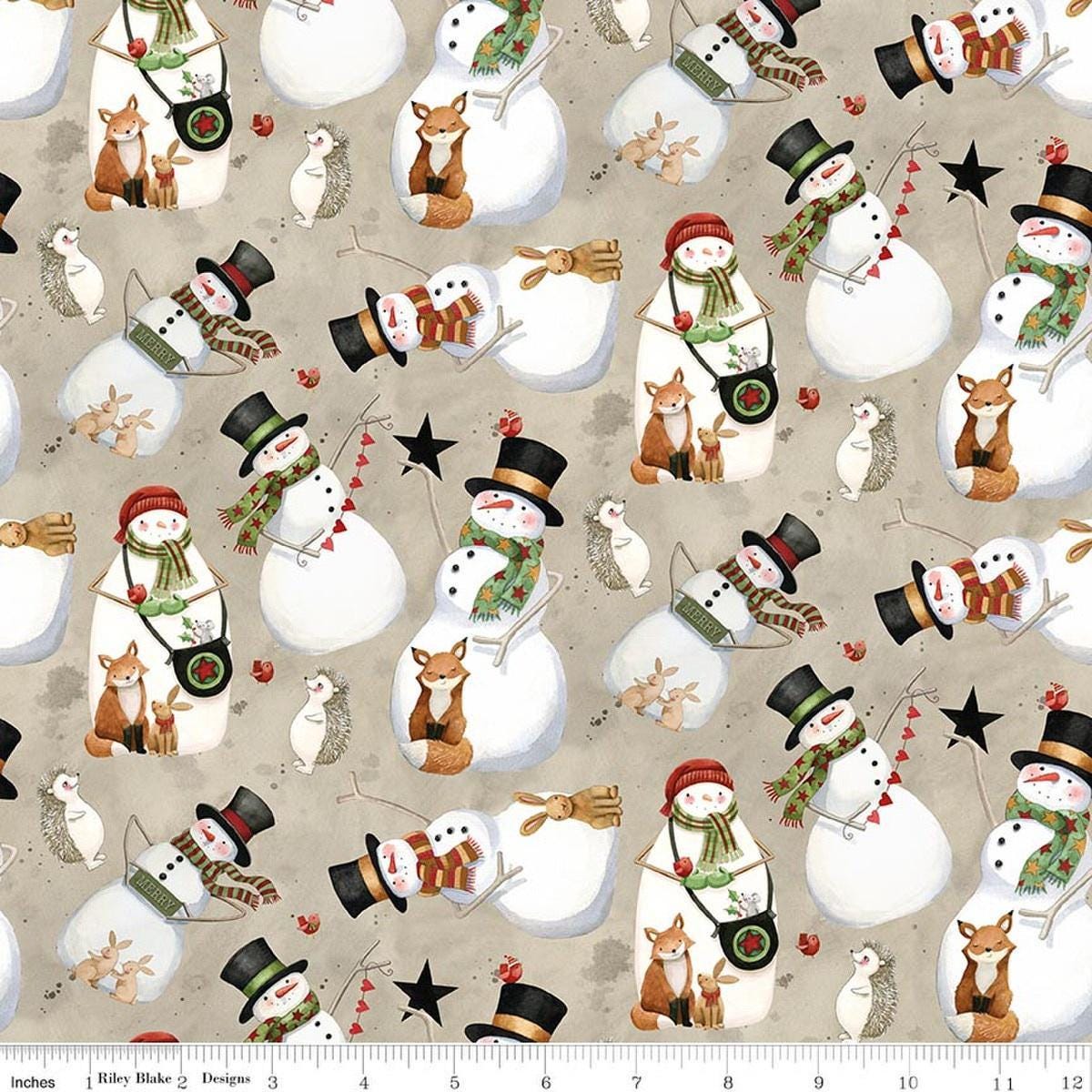 Image of Northern Christmas Snowmen Neutral quilting cotton fabric by Teresa Kogut for Riley Blake Designs. Features snowmen on a gray background. Cute Little Fabric Shop.