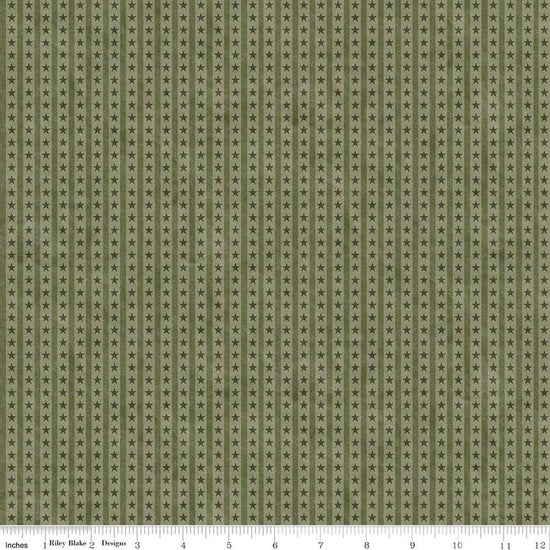 Image of Northern Christmas Star Stripes Green quilting cotton fabric by Teresa Kogut for Riley Blake Designs. Features stars and stripes on a green background. Cute Little Fabric Shop.